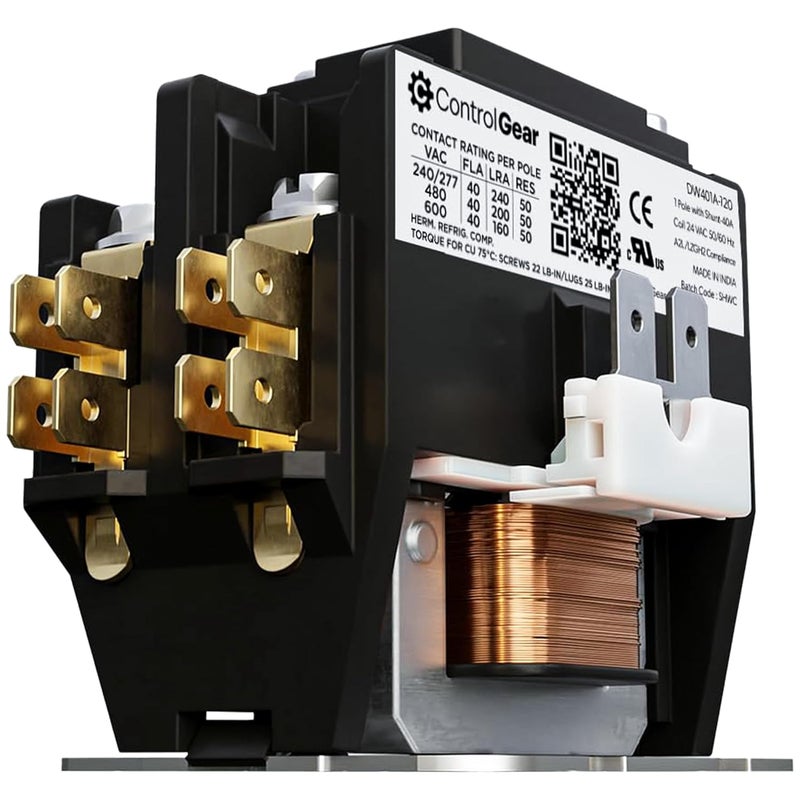 ControlGear Store 1 Pole Definite Purpose Contactor 24V Coil, 40 Amp Definite Purpose, UL Recognized and Approved for use with A2L Refrigerants, Line Lugs, Load Screws, DW401A-12 (1P 40A 24V Coil) - Image 1